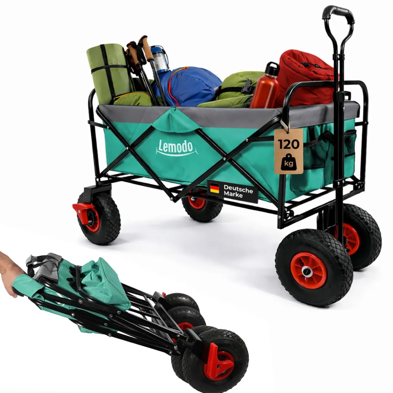 Bollerwagen faltbar, grün-grau, Handwagen mit 120 kg Zuladung