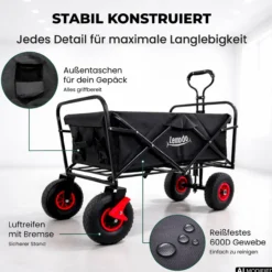 Bollerwagen faltbar, Handwagen mit 120 kg Zuladung, Leiterwagen mit Luftreifen, schwarz