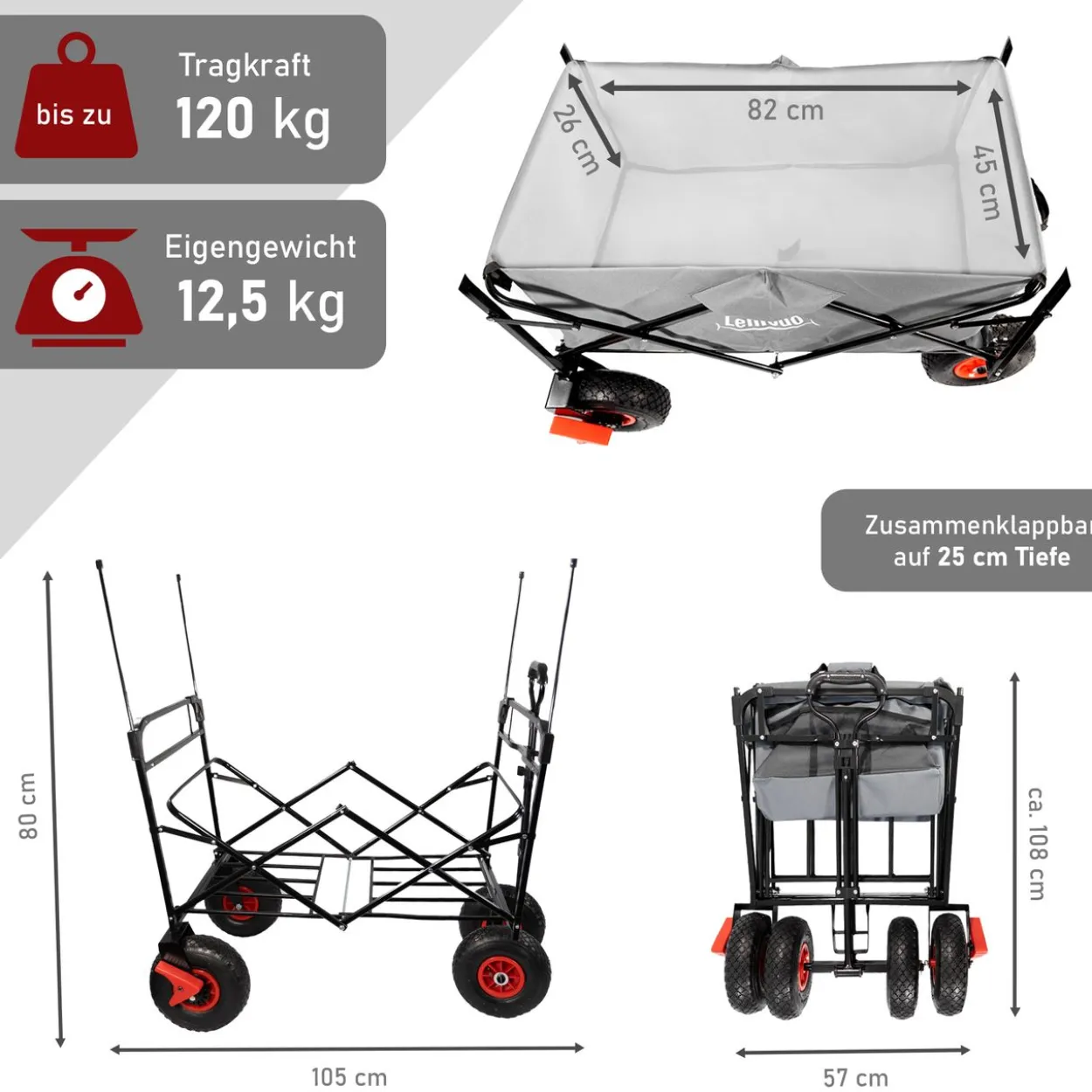 Bollerwagen faltbar mit Dach, grau
