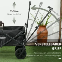 Bollerwagen Faltbar, Transportwagen mit Sonnendach, Griff, Schwarz