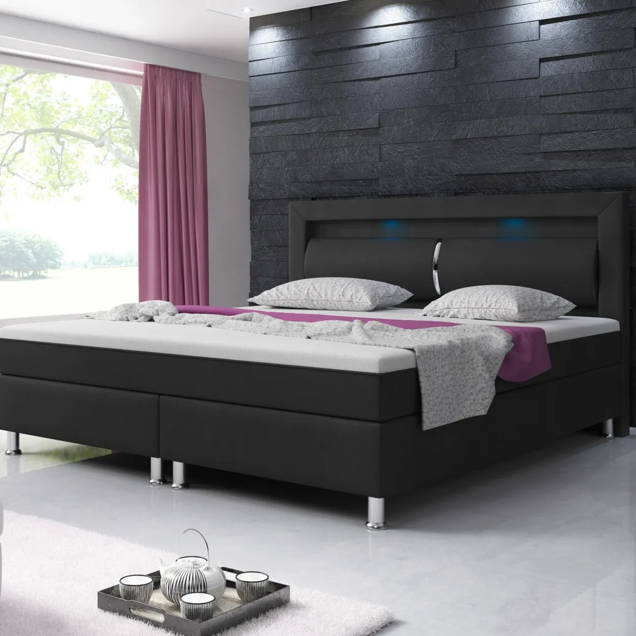 Boxspringbett MILANO ca.180x200 cm - Schwarz mit Topper-Optik