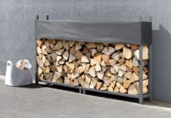 Brennholzregal mit Abdeckung aus Metall, ca. 200 x 25 x 115 cm - Schwarz