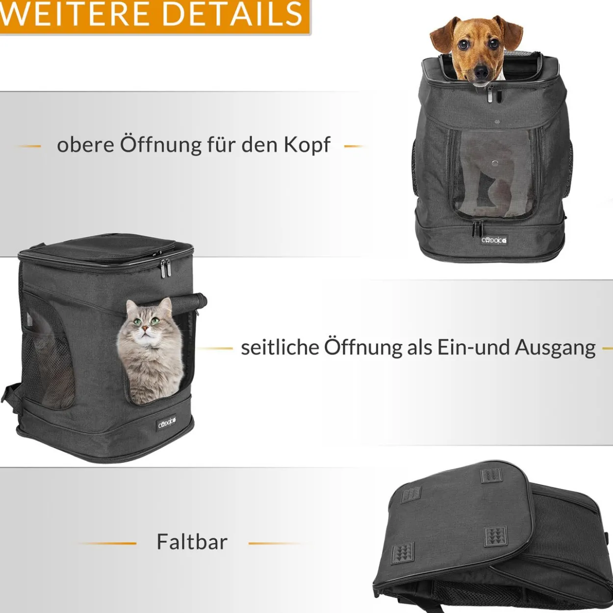 Cadoca Haustierrucksack Schwarz 41x30x31cm