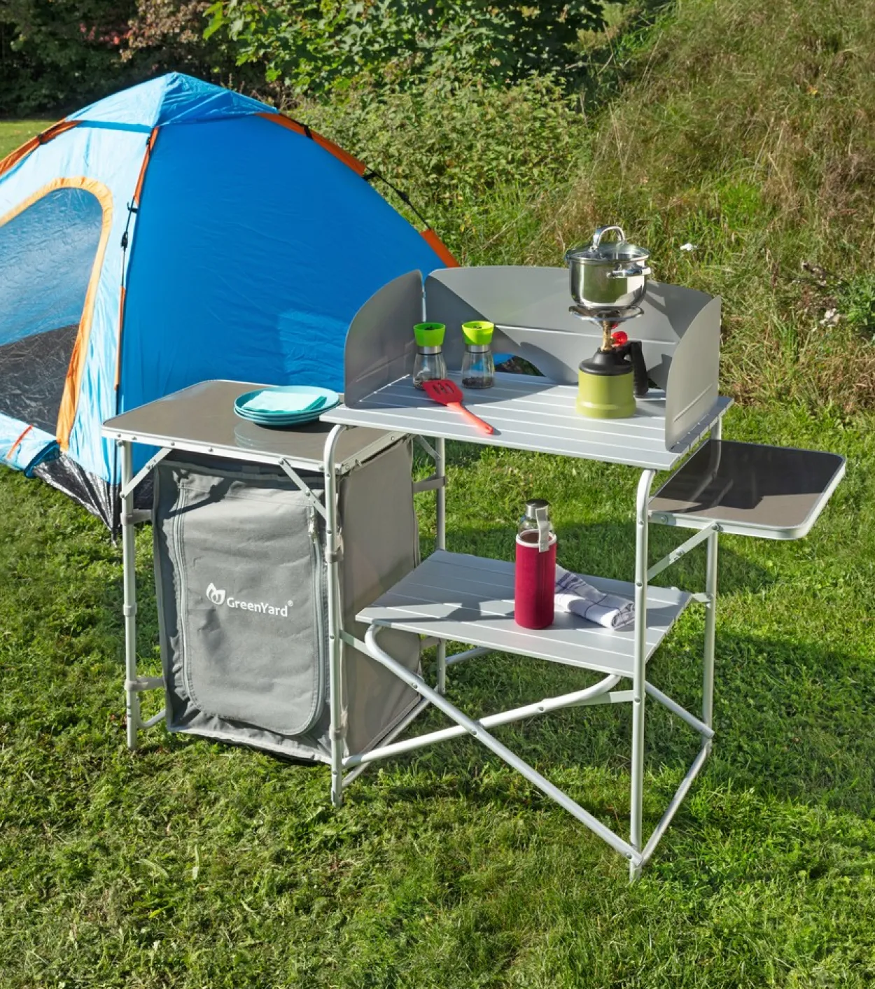 Campingküche mit Windschutz, 2-stufigem Stoffschrank ca. 143 x 41 x 80 cm