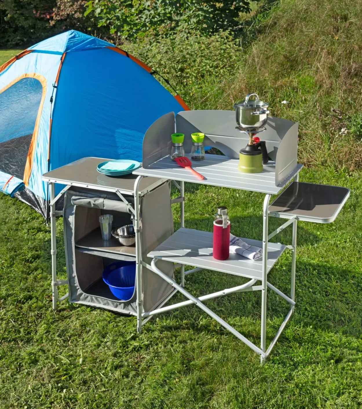 Campingküche mit Windschutz, 2-stufigem Stoffschrank ca. 143 x 41 x 80 cm