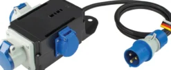 Camping Stromverteiler mit CEE Stecker, 1 x Schuko und 2 x CEE Steckdosen spritzwassergeschützt