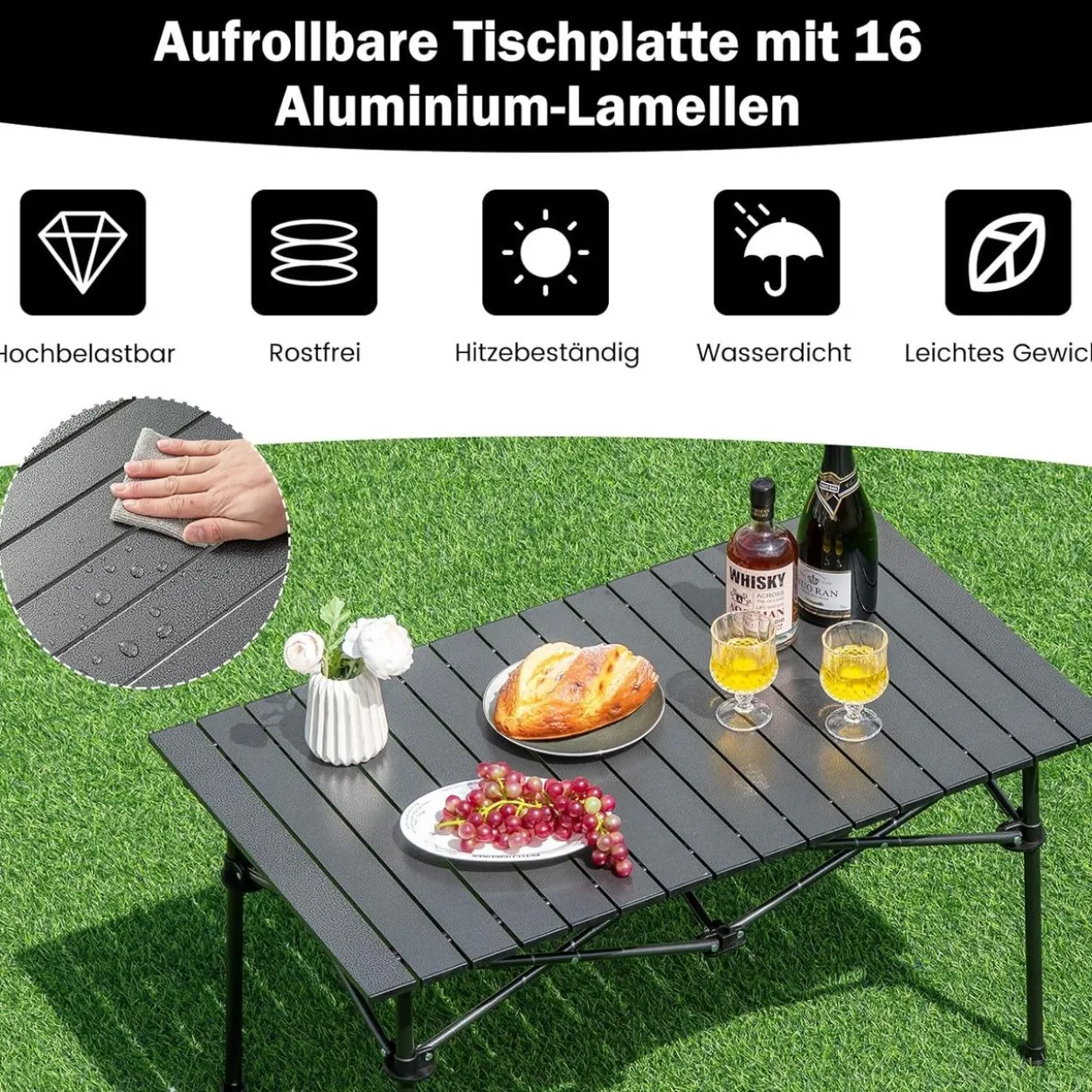 Campingtisch faltbar, Falttisch mit aufrollbarer Tischplatte, Klapptisch Gartentisch
