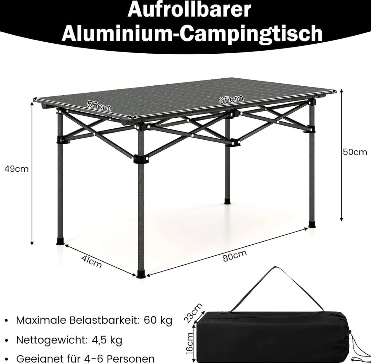 Campingtisch faltbar, Falttisch mit aufrollbarer Tischplatte, Klapptisch Gartentisch