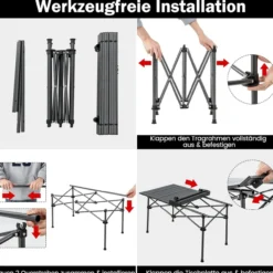 Campingtisch faltbar, Falttisch mit aufrollbarer Tischplatte, Klapptisch Gartentisch