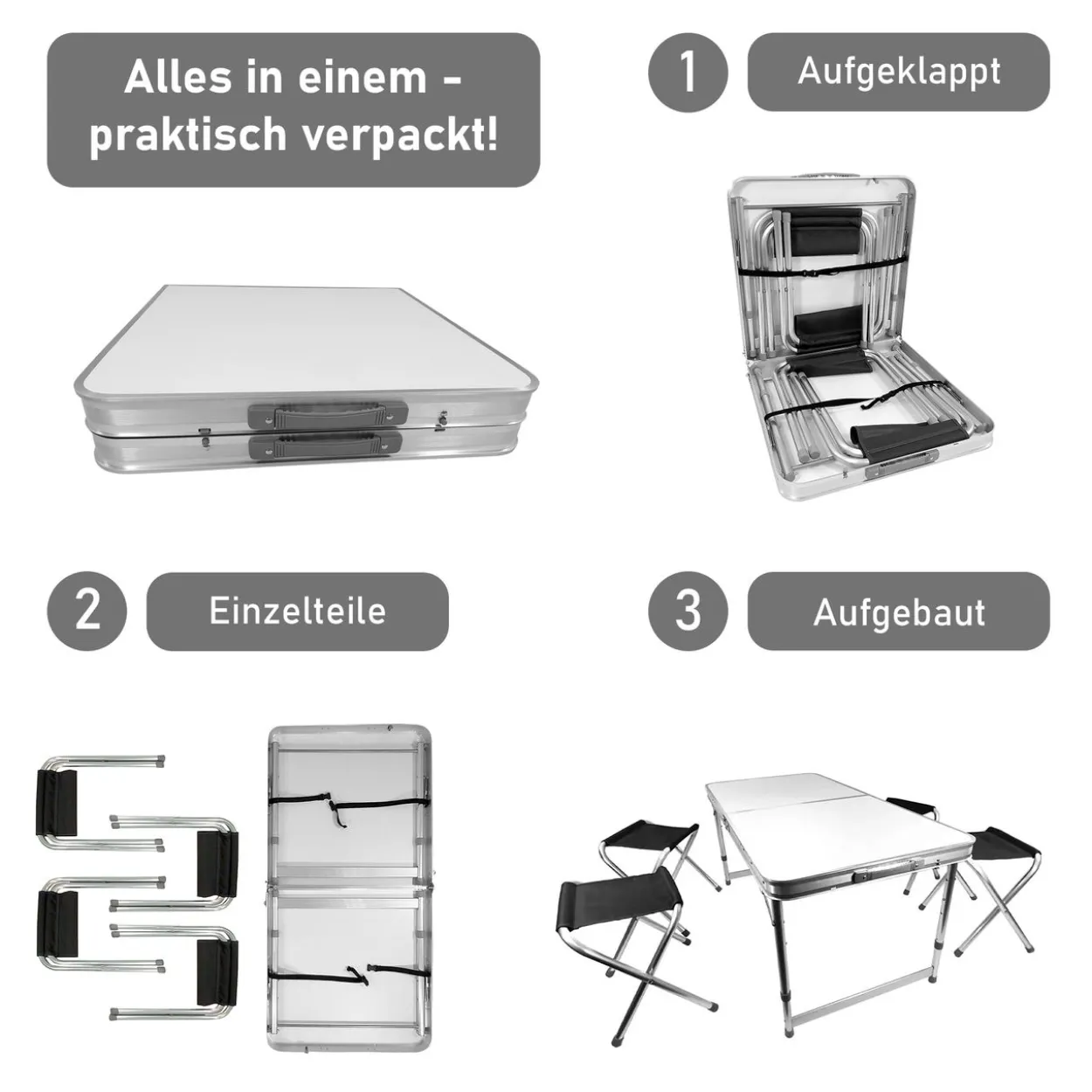 Campingtisch Set 5-teilig, Klapptisch mit 4 Camping Hocker