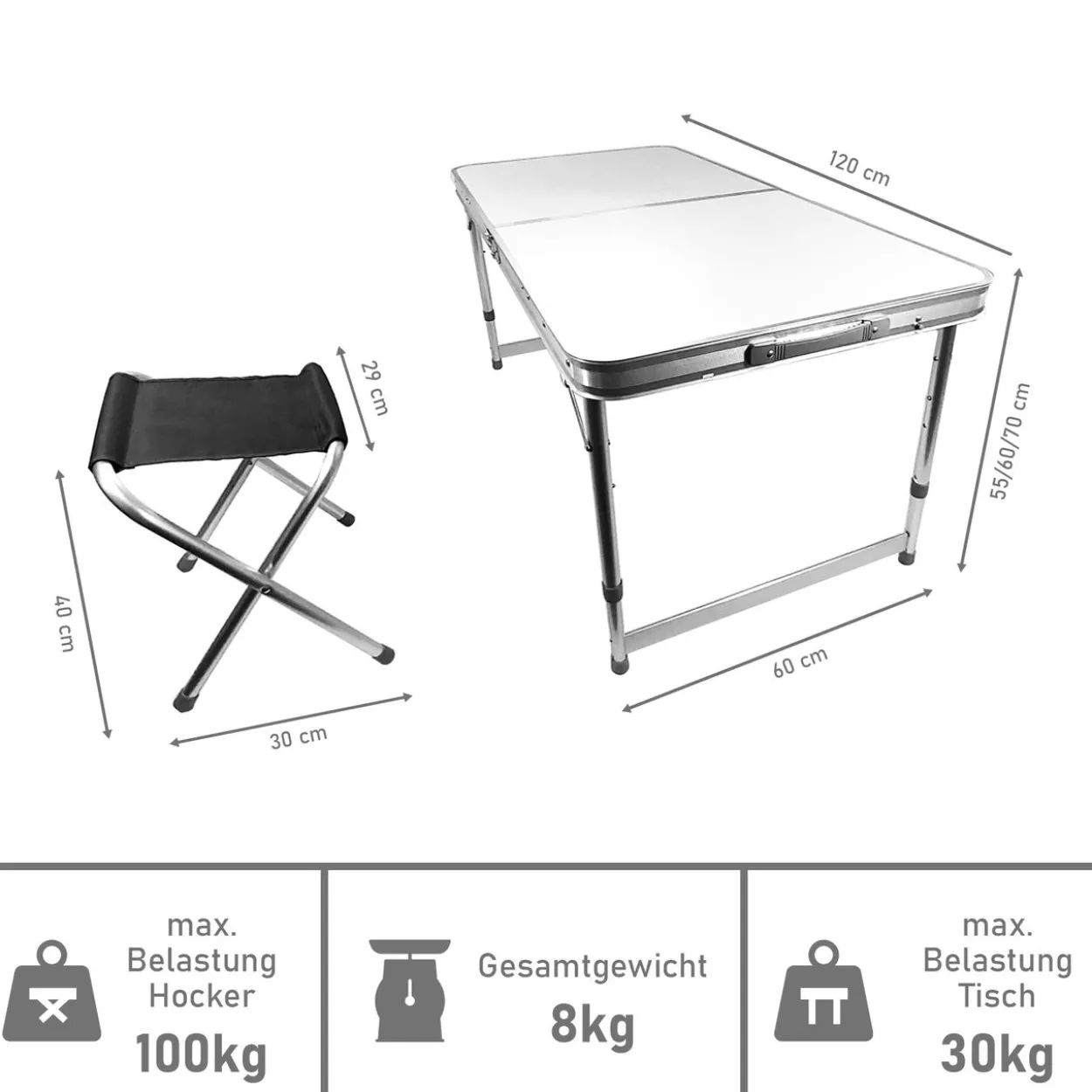 Campingtisch Set 5-teilig, Klapptisch mit 4 Camping Hocker