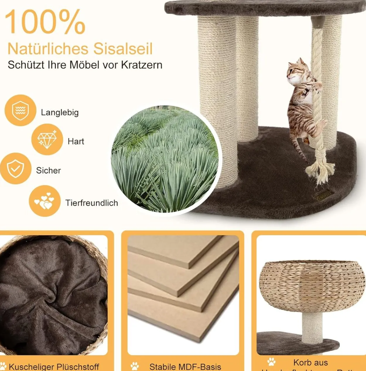 104cm Katzenbaum mit Betten, Katzenkratzbaum Holz