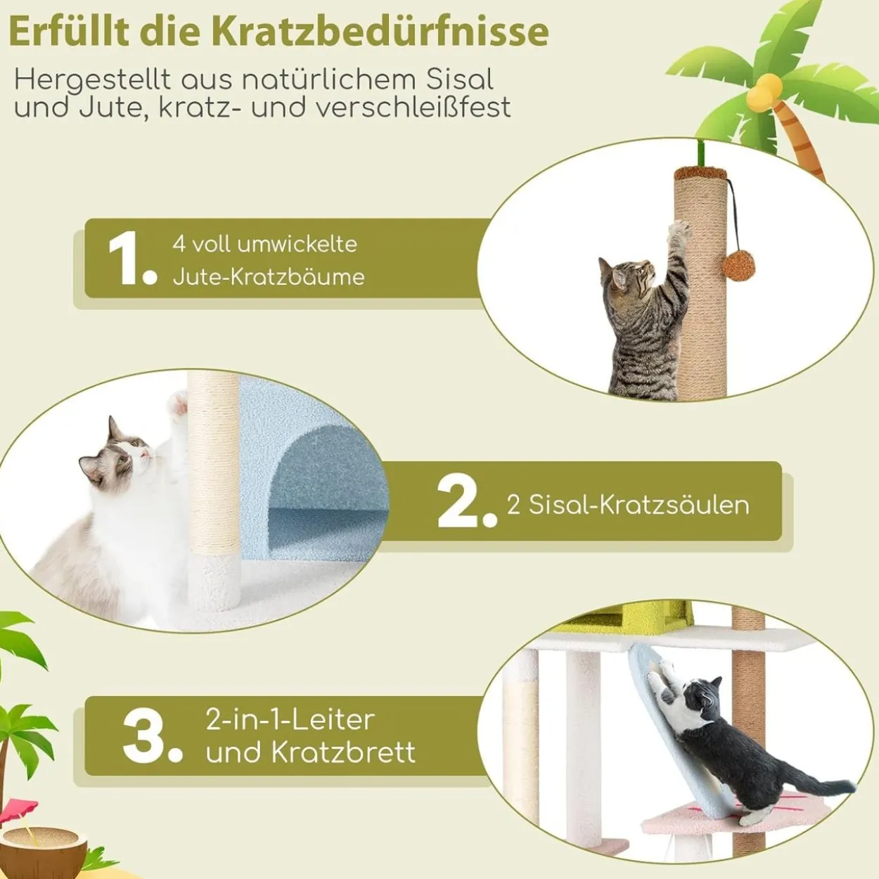 COSTWAY Kratzbaum 180cm, mehrstöckiger Katzenbaum Kletterbaum mit 2 Katzenhöhlen