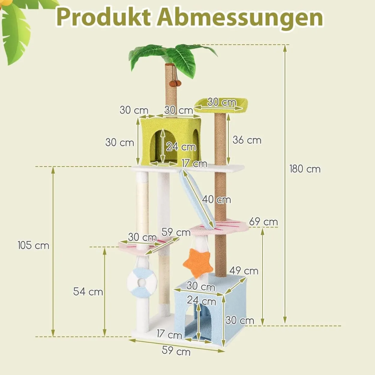COSTWAY Kratzbaum 180cm, mehrstöckiger Katzenbaum Kletterbaum mit 2 Katzenhöhlen