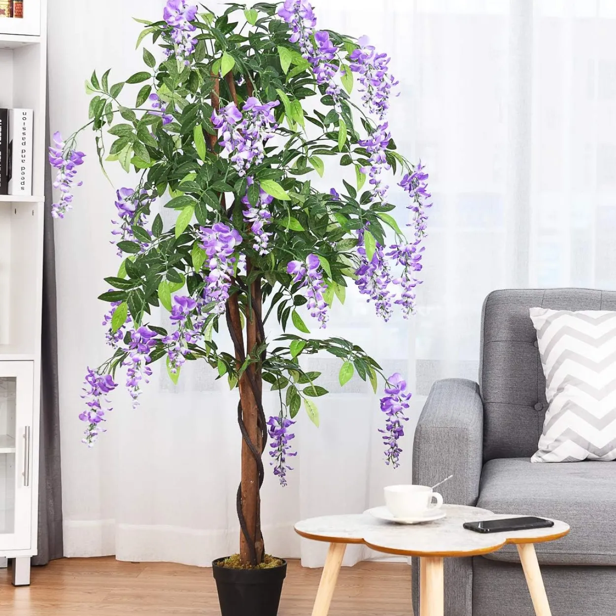 COSTWAY Kunstbaum mit Blüten, Kunstpflanze im Topf