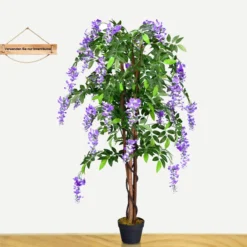 COSTWAY Kunstbaum mit Blüten, Kunstpflanze im Topf