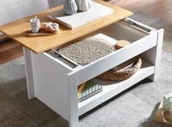 Couchtisch 85 cm Weiß / Eiche mit Stauraum