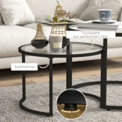 Couchtisch 2er-Set, Beistelltisch mit Stahlgestell, Kaffeetisch, Schwarz