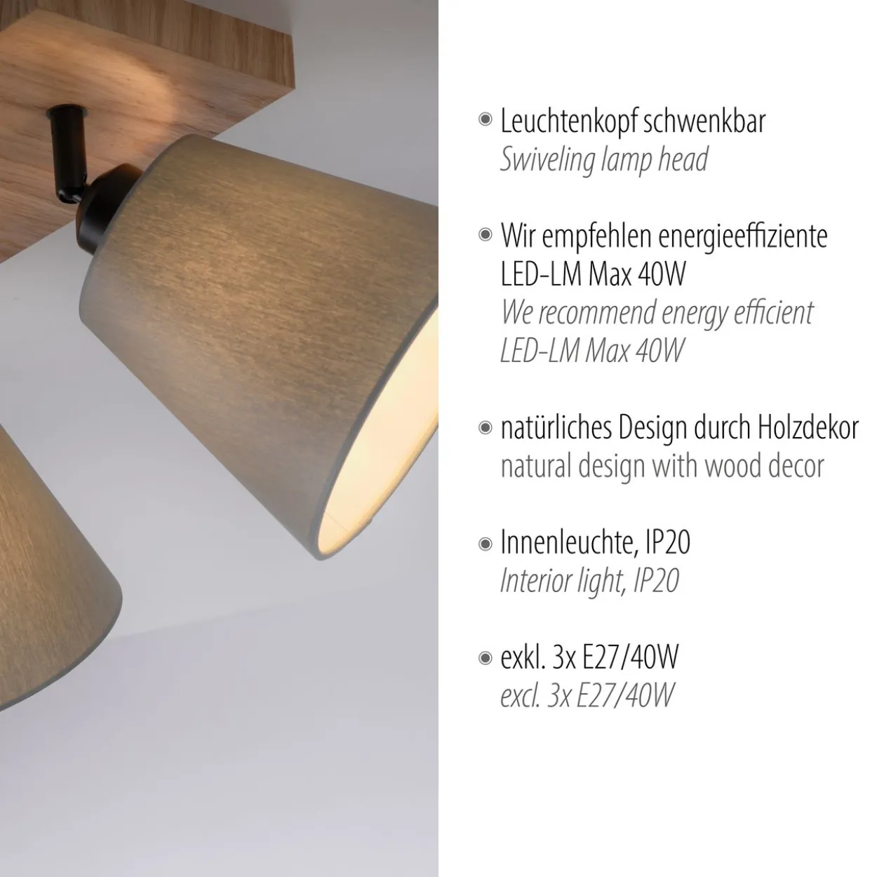 Deckenleuchte GREEN MICHEL, 3x E27/40Watt max., Holz-natur