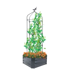 Design-Pflanzkübel mit Blütenpyramide & Deko-Vogel, ca. 40 x 40 x 30 cm - Schwarz