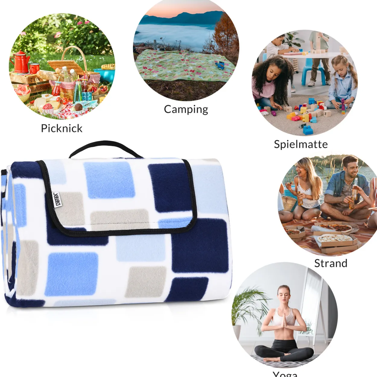 Detex Picknickdecke Quadrate/Blau 2x2m