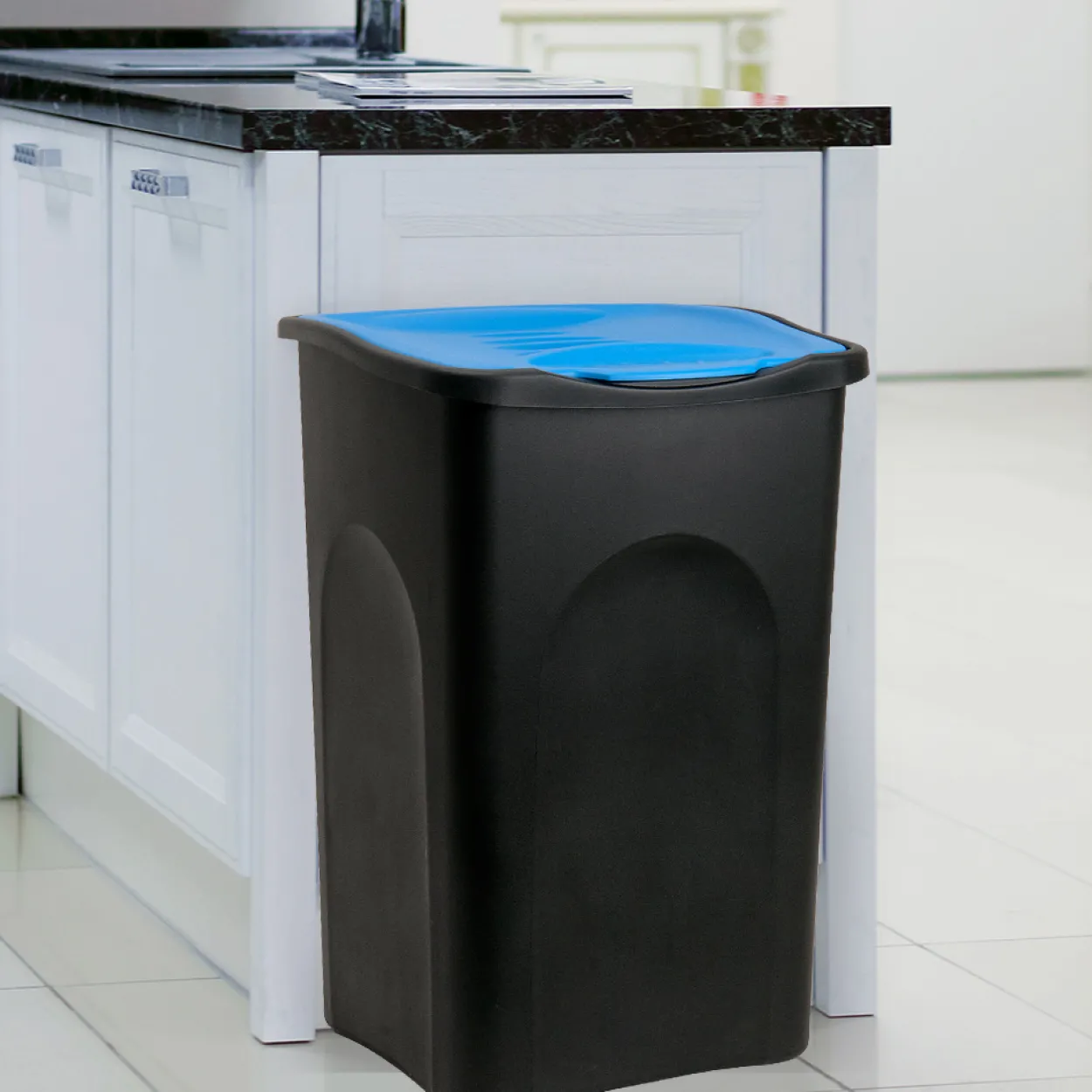 Deuba Mülleimer Schwarz/Blau Kunststoff 50L