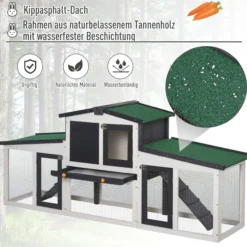 Doppelstöckiger Zwergkaninchenkäfig mit Asphaltdach und Freigehege, Massivholz, Dunkelgrau Weiß