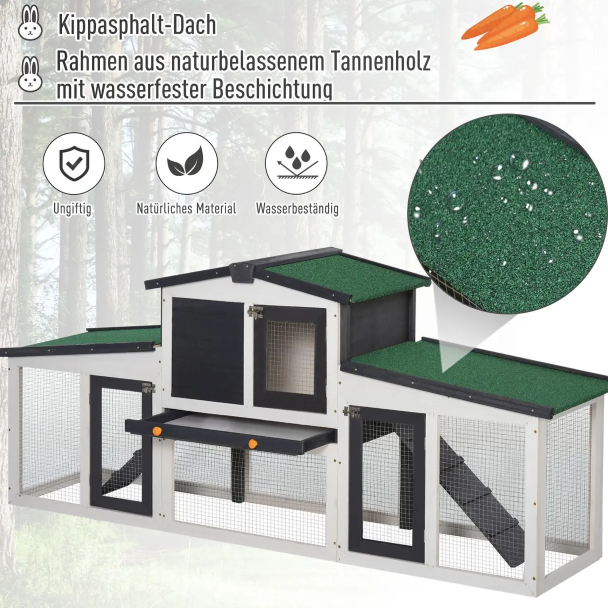 Doppelstöckiger Zwergkaninchenkäfig mit Asphaltdach und Freigehege, Massivholz, Dunkelgrau Weiß