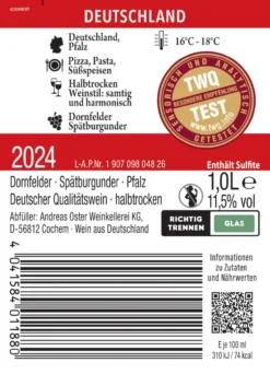 Dornfelder Spätburgunder QbA Rotwein, halbtrocken, Deutschland 1l