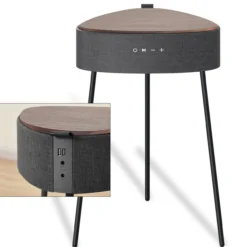 Drahtloser Lautsprecher Mesu im Tischdesign, schwarz mit Holzplatte