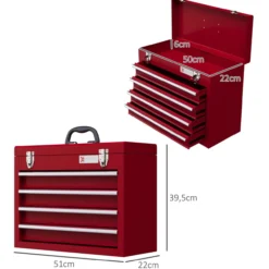 DURHAND Werkzeugkoffer leer, 51x22x39,5 cm Werkzeugkasten mit 4 Schubladen Rot