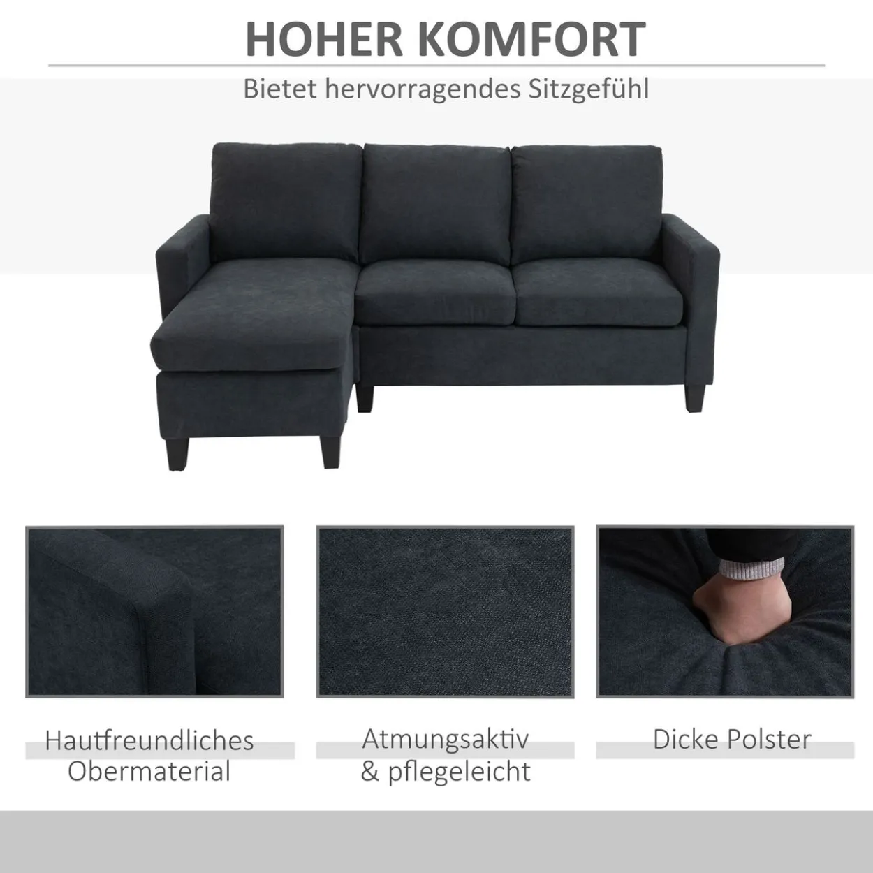 Ecksofa Couchgarnitur mit wendbarer Chaiselongue Dunkelgrau