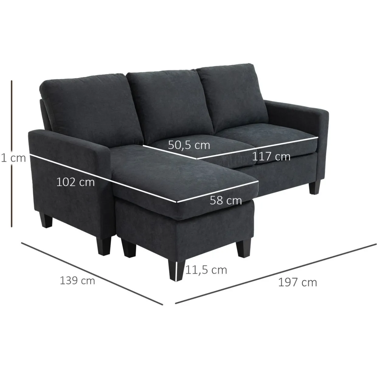 Ecksofa Couchgarnitur mit wendbarer Chaiselongue Dunkelgrau