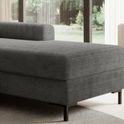 Ecksofa SAIGON Cord Anthrazit Grau mit Bettfunktion und Bettkasten Ottomane rechts