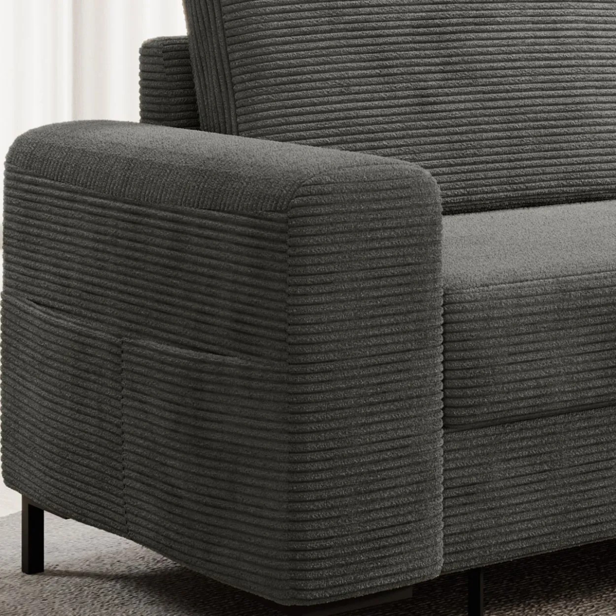 Ecksofa SAIGON Cord Anthrazit Grau mit Bettfunktion und Bettkasten Ottomane rechts