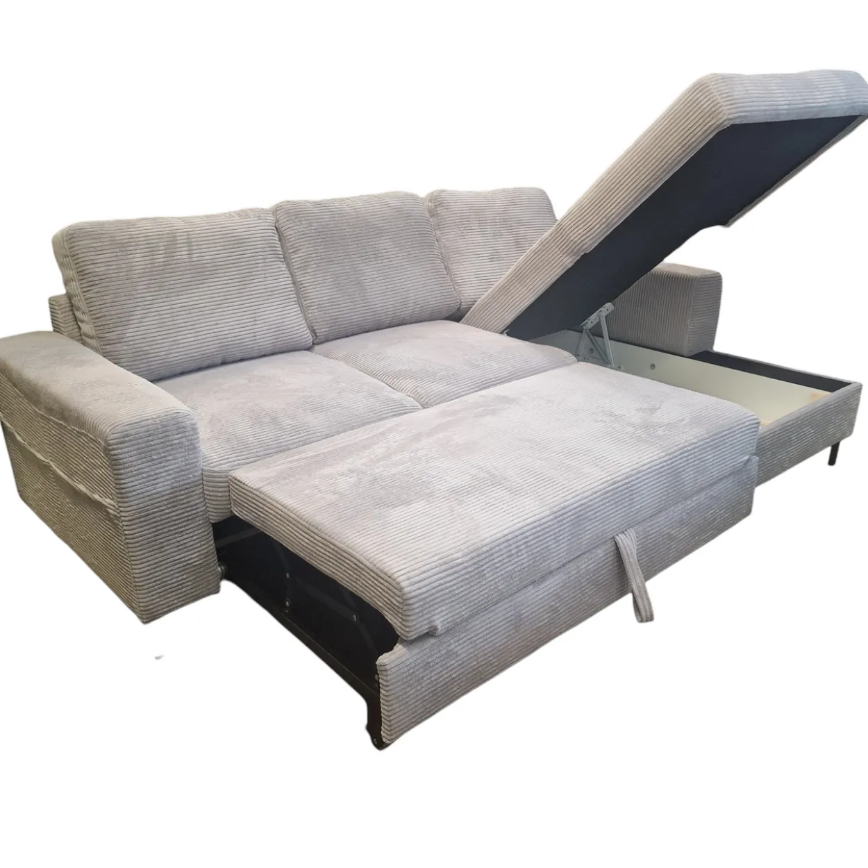 Ecksofa SAIGON Cord Anthrazit Grau mit Bettfunktion und Bettkasten Ottomane rechts