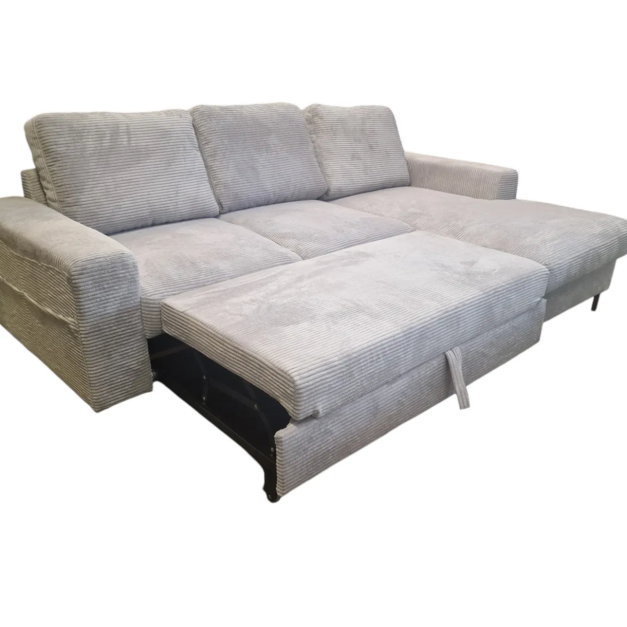 Ecksofa SAIGON Cord Anthrazit Grau mit Bettfunktion und Bettkasten Ottomane rechts