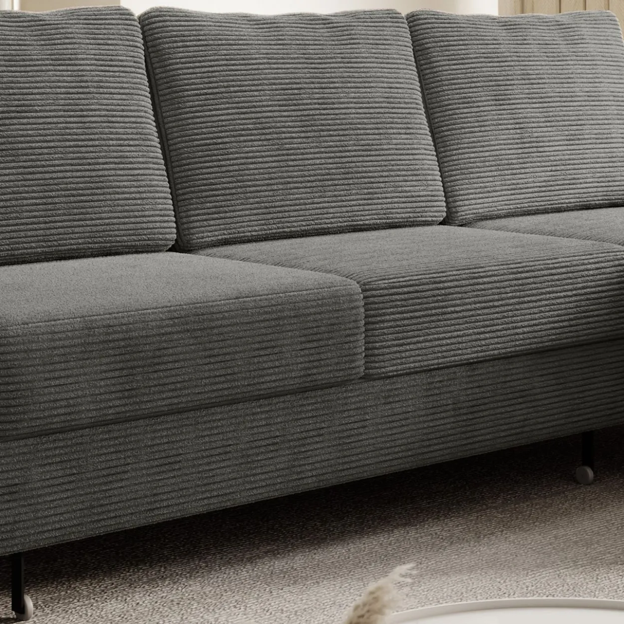 Ecksofa SAIGON Cord Anthrazit Grau mit Bettfunktion und Bettkasten Ottomane rechts