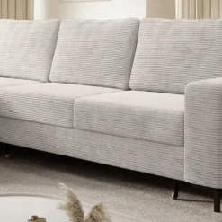 Ecksofa SAIGON Cord Lichtgrau mit Bettfunktion und Bettkasten Bett Sofa Schlafsofa Ottomane links