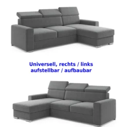 Ecksofa Tokio mit Bettfunktion, ca. 203 x 127 cm - Grau