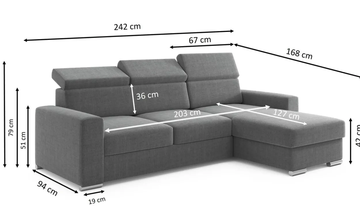 Ecksofa Tokio mit Bettfunktion, ca. 203 x 127 cm - Grau