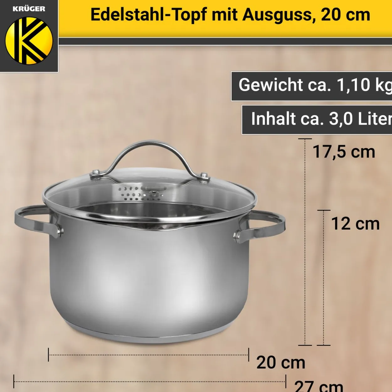 Edelstahl Fleischtopf mit Ausguss, 20 cm