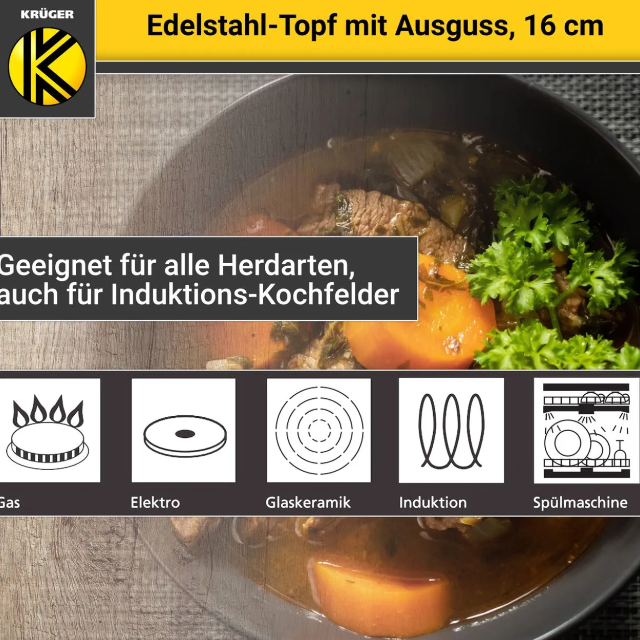 Edelstahl Fleischtopf mit Ausguss, 16 cm