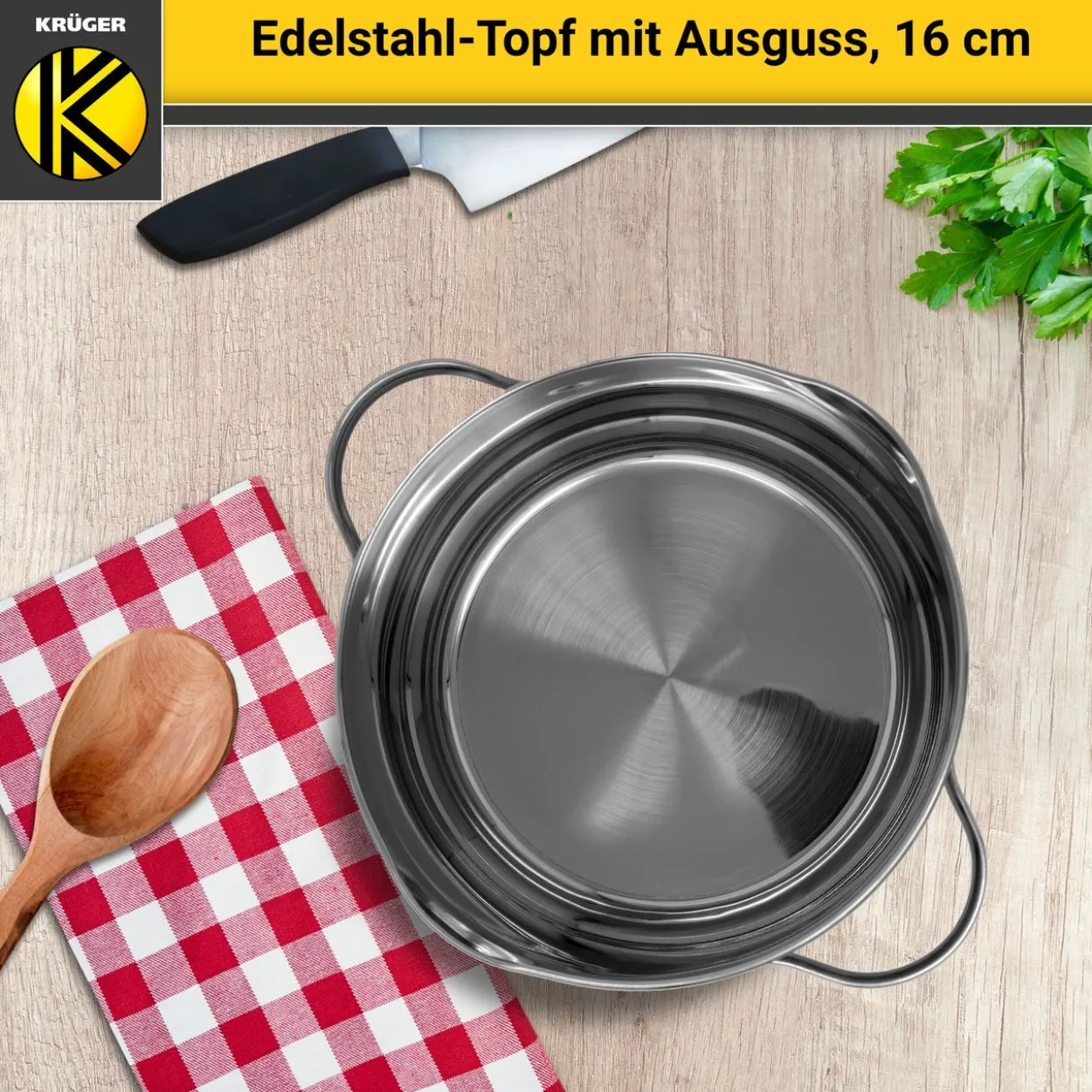 Edelstahl Fleischtopf mit Ausguss, 16 cm