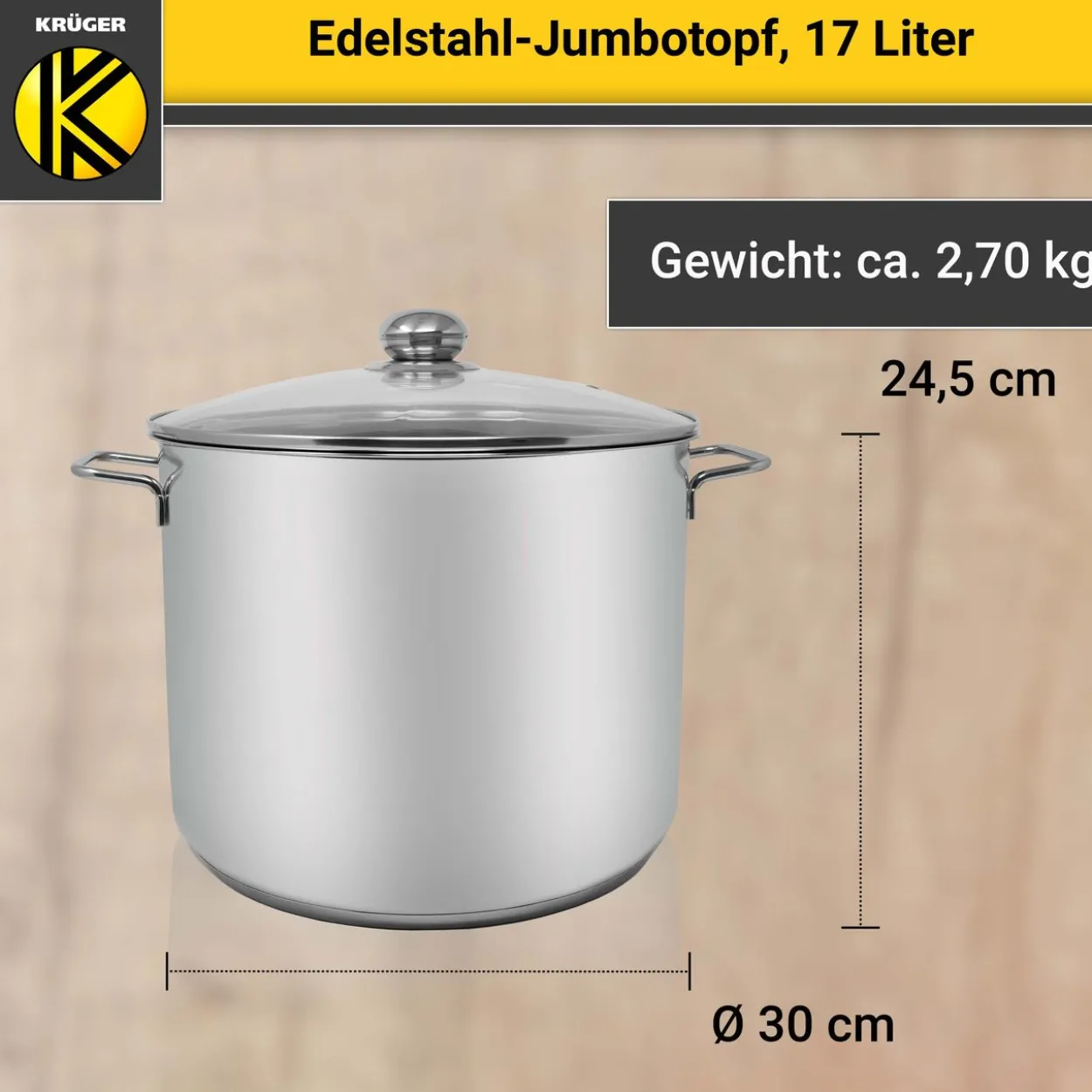 Edelstahl Jumbotopf mit Glausdeckel, 17 Liter