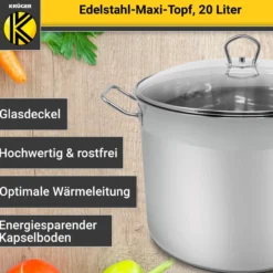 Edelstahl Maxi-Topf mit Glasdeckel, 20 Liter
