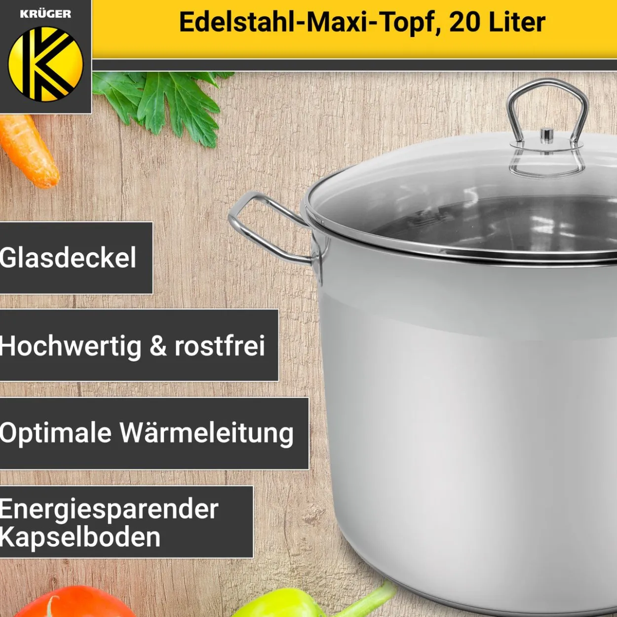 Edelstahl Maxi-Topf mit Glasdeckel, 20 Liter