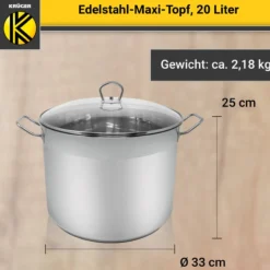 Edelstahl Maxi-Topf mit Glasdeckel, 20 Liter