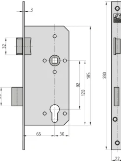 Einsteck-Haustürschloss - ES 979 - Lochung: PZW - Stulp 22 mm käntig - DIN Rechts