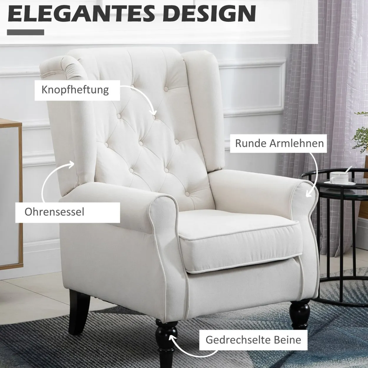 Einzelsessel mit Tufting Relaxsessel Einzelstuhl Holzfüße Polyester Creme